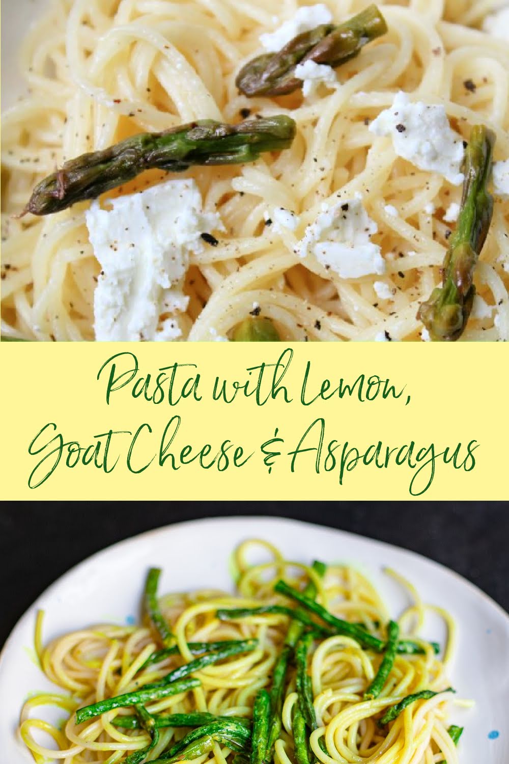 Pasta with goat cheese and asparagus on top.