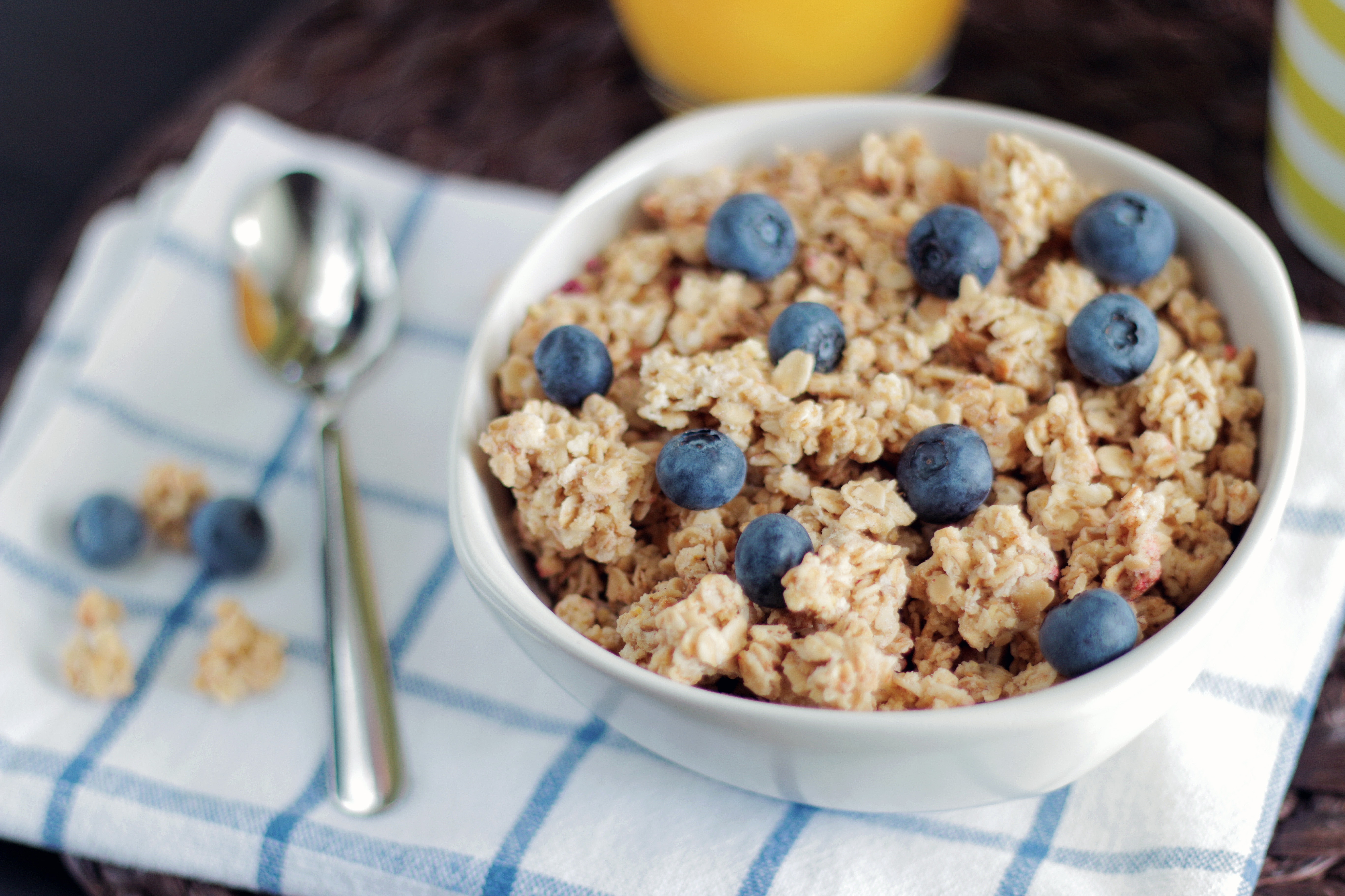 Bowl of granola and blueberries.