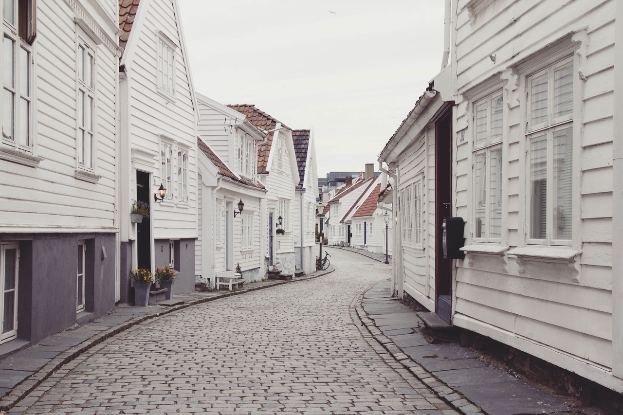 Houses along a cobblestone road.
