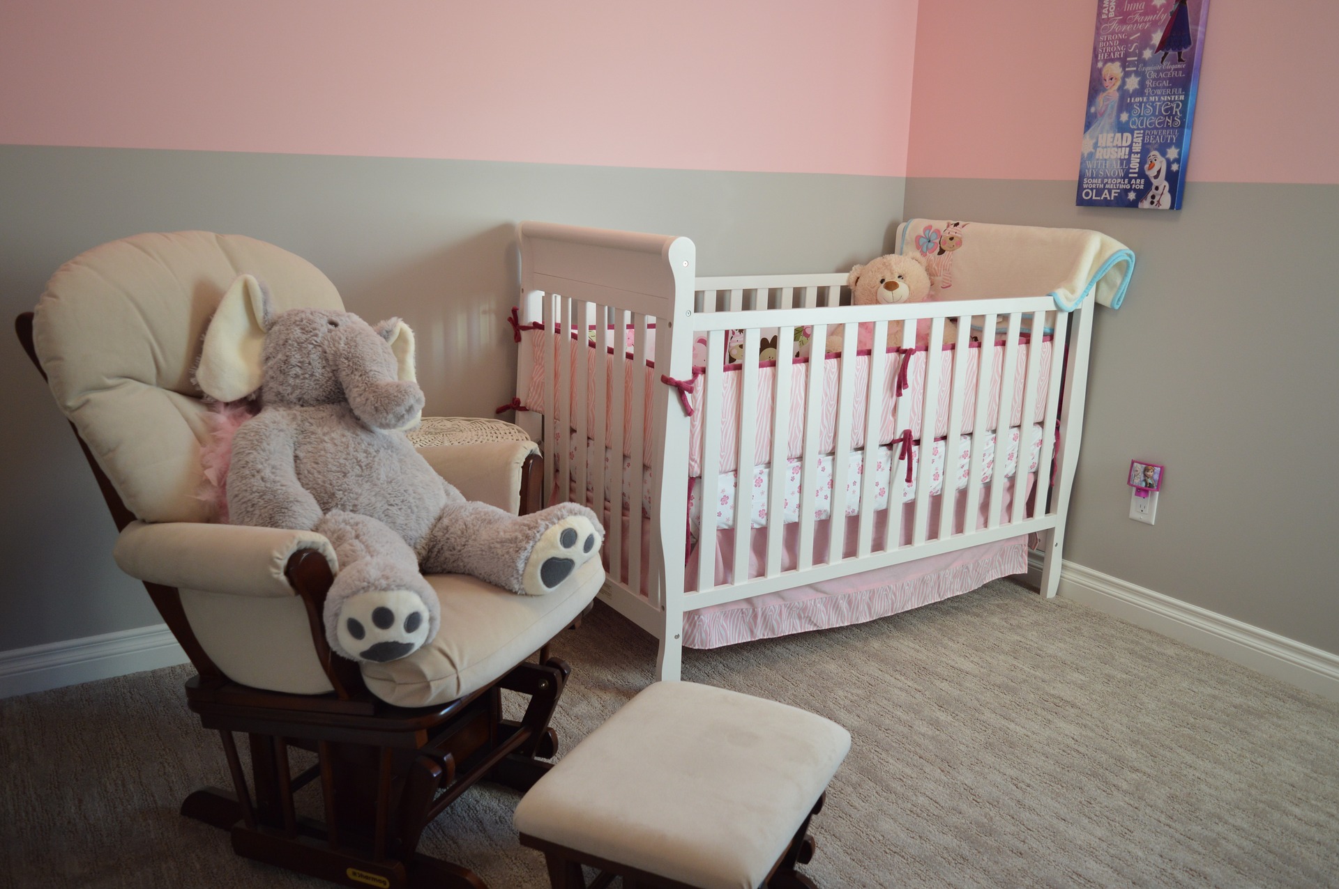 Pink and grey themed baby nursery.