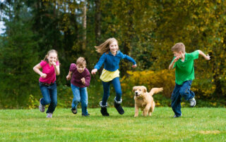Children playing with a dog.